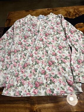 Forenza Floral Henley Long-Sleeve Top in Pink and Green